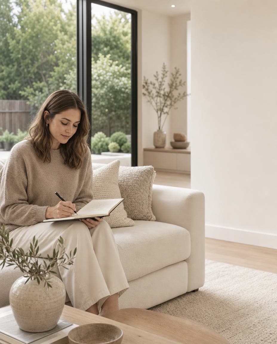 Client writing notes on a sofa in a bright staged living room