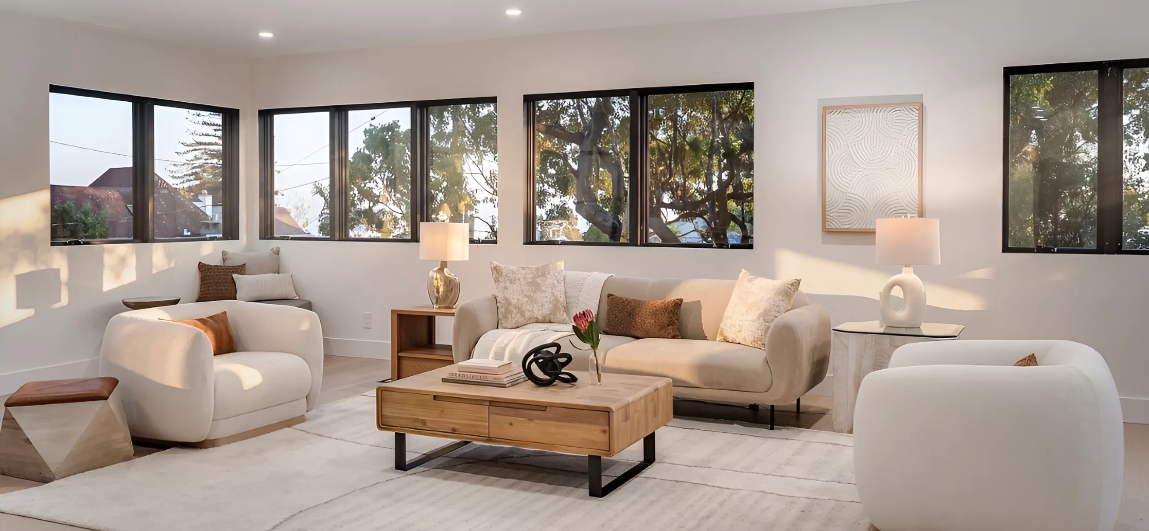 Staged living room with a neutral seating group under a wall of windows