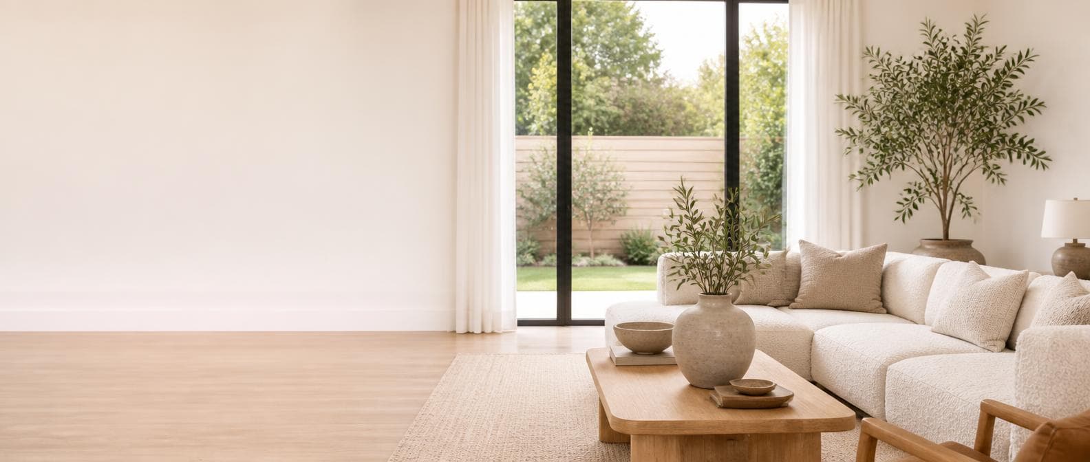 Bright staged living room with a linen sofa and olive tree