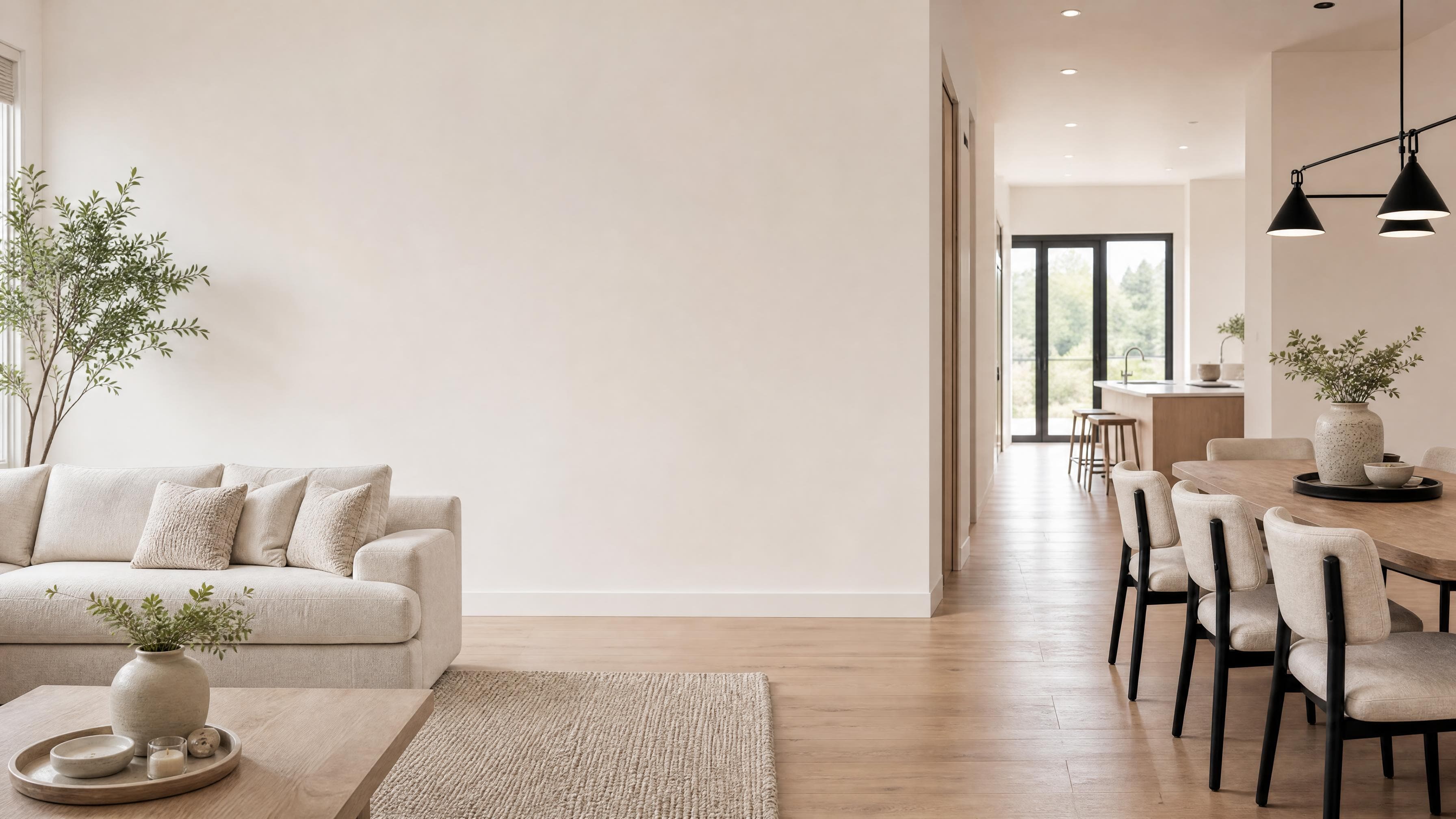 Staged open-plan living and dining room in warm neutrals
